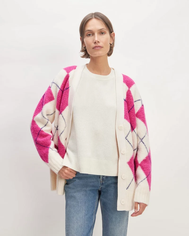 The SuperFuzz Alpaca Cardigan | Bone / Fuchsia Pink / Ocean Cavern