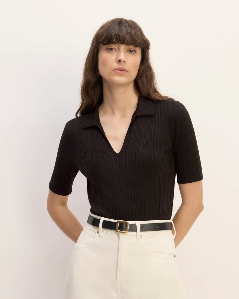 The Rib Soft Knit Open Collar Polo | Black